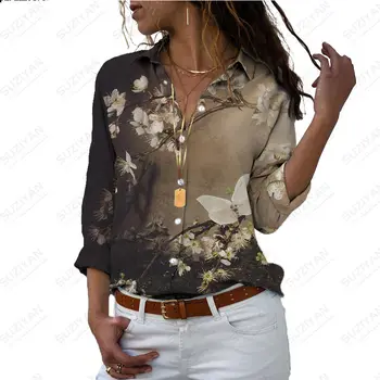 2023 Женская рубашка с длинным рукавом, плюс размер, повседневный топ с отложным воротником, элегантный 5XL, весна-осень, бабочка с 3D-принтом и цветком