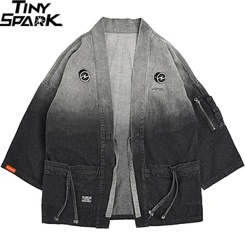 2023 Японская Куртка-Кимоно Градиентного Цвета В стиле Хип-Хоп Мужская Джинсовая Куртка Уличная Harajuku Японский Стиль Кардиган Куртка Джинсовая Винтажная