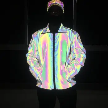 2023 Яркая светоотражающая куртка Techwear в стиле хип-хоп, мужское пальто с отложным воротником, Блестящее пальто, отражающее свет в темноте