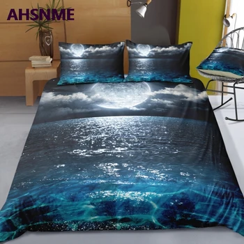 AHSNME Summer Sea Night Scene Комплект стеганых одеял с эффектом Луны и моря HD 3D Комплект постельных принадлежностей с Фотоподборкой King Bed Set