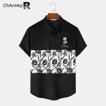 ChArmkpR Летняя рубашка, мужские топы 2023, модные вельветовые рубашки с коротким рукавом, вышитые в стиле пэчворк, мужская одежда, футболка оверсайз S-2XL