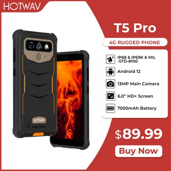 HOTWAV T5 Pro 4G Прочный Мобильный Телефон с 6,0-дюймовым Экраном, 4 ГБ 32 ГБ, Аккумулятор 7500mAh, Смартфон Android 12 MTK6761, 13-Мегапиксельная Основная Камера 2022