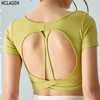 NCLAGEN Сексуальная женская спортивная футболка для занятий йогой с U-образным вырезом и короткими рукавами, скрученная Полая Y-образная спинка, обтягивающие быстросохнущие рубашки для фитнеса