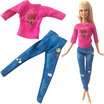 NK 1 Комплект новейшей кукольной модной одежды, Длинные джинсовые брюки, повседневный топ с красной розой для Барби, Аксессуары, Кукла, Подарочная игрушка для девочки