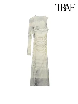TRAF, Женское модное полупрозрачное платье Миди из тюля с асимметричным принтом, Винтажные женские платья с одним длинным рукавом и молнией сзади, Mujer