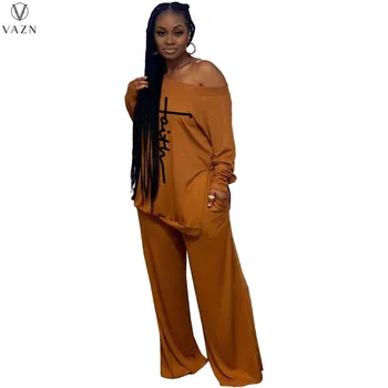 VAZN 2021, Горячая распродажа, женский топ в стиле уличной девушки с длинным рукавом и одним плечом, Эластичные Длинные брюки, комплект из двух предметов с принтом