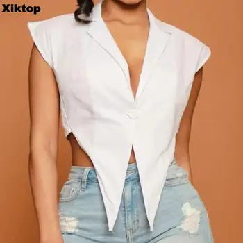 Xiktop, Женская треугольная рубашка с высоким низким вырезом на одной пуговице, верхняя уличная одежда 2023, Летняя Классическая блузка без рукавов, рубашки