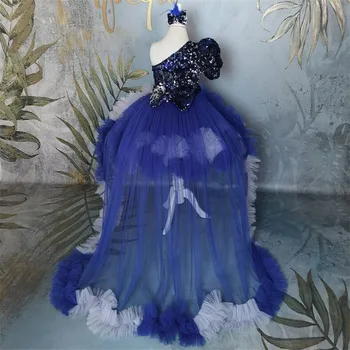 Блестящее голубое платье в цветочек для девочек, праздничное платье со съемным длинным шлейфом, 2023 Новое платье для малышей, платье для вечеринки по случаю дня рождения для маленьких девочек