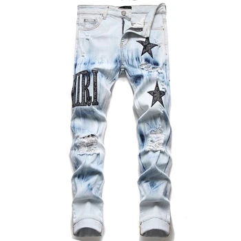 Европейский Жан Hombre С буквенной звездой, джинсовые мужские Рваные джинсы с вышивкой в стиле пэчворк, трендовый бренд Мотоциклетных брюк, Брендовые Мужские джинсы-скинни