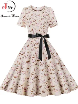Женское платье с цветочным принтом, Летний элегантный винтажный сарафан для вечеринок, повседневные платья миди 50-х 60-х годов