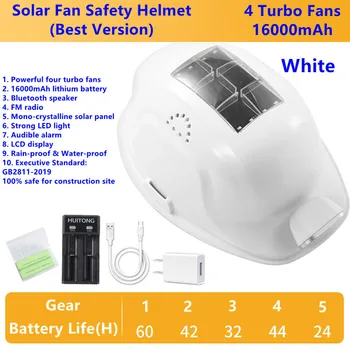 Защитный шлем CE с солнечной панелью 4 Вентилятора Bluetooth Динамик Радио Светодиодная Подсветка 16000 мАч Открытый Водонепроницаемый Шлем для строительной площадки