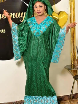 Зеленые Оригинальные длинные платья Bazin Riche для женщин в африканском нигерийском стиле, праздничная лента с гипюровым шарфом, халат Bazin Riche Дашики