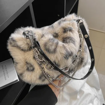Зимняя модная плюшевая женская сумка через плечо с цепочками и декором, меховая сумка через плечо, кошелек