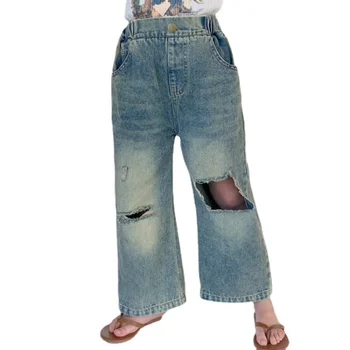 Индивидуальные джинсовые брюки с широкими дырками в стиле ретро, детская одежда 2023, Летние повседневные хлопчатобумажные брюки для девочек, рваные джинсы для мальчиков