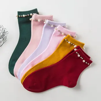 Короткие/средние носки с жемчугом в корейском стиле, цветные /черные /белые носки из хлопчатобумажных смесей, 1 заказ = 3 пары