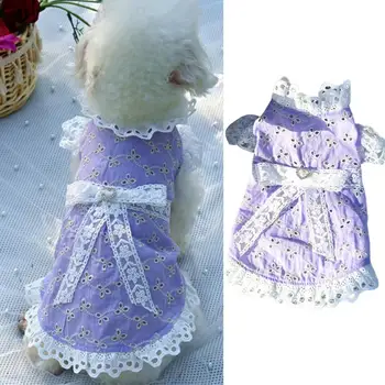 Косплей-костюм принцессы для собак, платье для собак с полой строчкой, кружевной край с бантом, летнее маленькое для кожи домашних животных