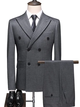 Костюмы в осеннем стиле S-7XL, двубортные приталенные мужские костюмы в полоску, деловой, профессиональный, повседневный, формальный комплект из 2 предметов, свадебный комплект для жениха