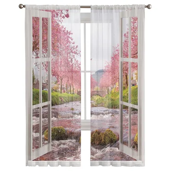 Креативный вид из окна, Цветущая вишня, Водная деревня, тюлевые шторы для гостиной, шифоновая вуаль, прозрачная занавеска для спальни
