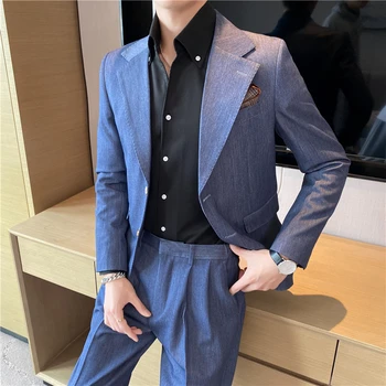(Куртка + брюки) Весенне-летний модный мужской официальный деловой костюм из 2 предметов, комплект из свадебного платья для жениха, праздничный костюм