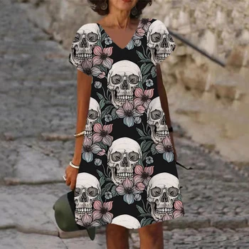 Летнее женское платье в стиле бохо, винтажное платье с цветочным узором в виде черепа, с 3D принтом, платье с коротким рукавом и V-образным вырезом, женское платье в готическом стиле
