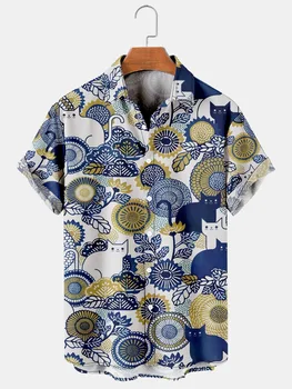 Летние модные повседневные пляжные рубашки с отложным воротником, мужская гавайская рубашка с принтом синего кота, винтажная рубашка с коротким рукавом и пуговицами