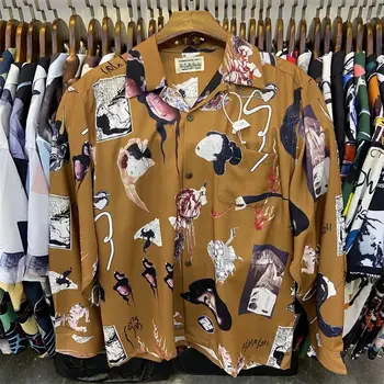 Модный бренд WACKO MARIA Рубашка Ghosts Night Travel С Принтом Укие Граффити Гавайская Рубашка С длинными рукавами Для Мужчин и Женщин