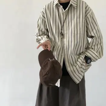 Мужская японская винтажная рубашка в полоску 2023 года, повседневная уличная одежда, топы на пуговицах с длинными рукавами в складку, нишевая весна и осень