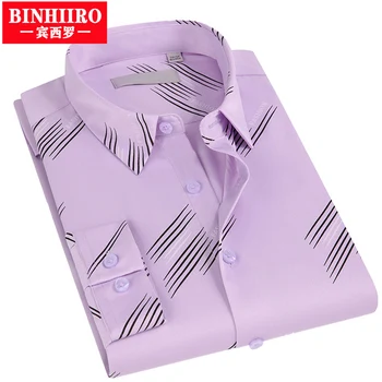 Мужские рубашки с однотонным принтом в классическом стиле BINHIRO, мужские повседневные рубашки с длинным рукавом, Удобные дышащие мужские рубашки