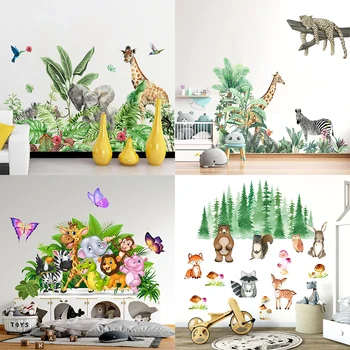 Мультяшные наклейки с Сафари, наклейки с животными в джунглях, наклейки на стены для детской комнаты, украшения детской комнаты, плакаты с жирафом, Леопардом, Зеброй, деревом