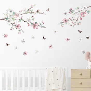 Наклейки на стену в скандинавском стиле с розовыми цветами, ветвями, бабочками, для спальни, гостиной, фоновые наклейки на стены, самоклеящиеся