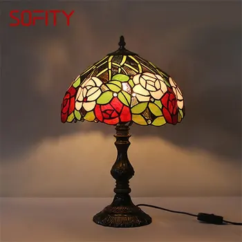 Настольная лампа SOFITY Tiffany LED Creative Rose Flower Стеклянная настольная лампа Модный декор для дома, гостиной, прикроватной тумбочки в спальне
