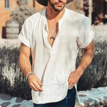 Новые модные хлопчатобумажные льняные мужские рубашки, повседневная однотонная блузка с V-образным вырезом и длинным рукавом, тонкие Летние Свободные рубашки оверсайз для мужчин