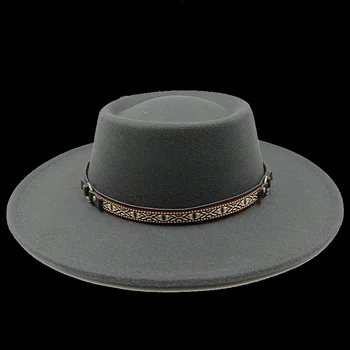 Оптовые джазовые фетровые шляпы 8 см с вогнуто-выпуклым верхом, женские джазовые шляпы, мужские классические фетровые шляпы с плоским верхом, классические шляпа женская