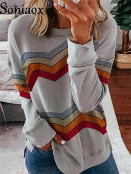 Осенние женские свитшоты в полоску с длинным рукавом 2021 года, винтажный повседневный женский пуловер с круглым вырезом, уличная одежда в тон.