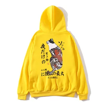 Осенние хип-хоп Свободные Повседневные толстовки, свитшоты для мужчин, пуловеры для студентов колледжа с мультяшным принтом Японского кота