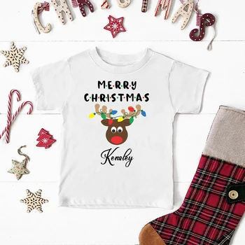 Персонализированная детская рождественская футболка с принтом оленя, одежда с пользовательским названием, топы, рубашка для мальчиков и девочек, Наряды для рождественской вечеринки, Футболки для братьев и сестер