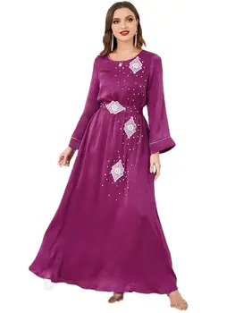Платье для вечеринки Элегантное роскошное женское фиолетовое платье с круглым вырезом и цветочным поясом, расшитым бисером и расклешенными рукавами