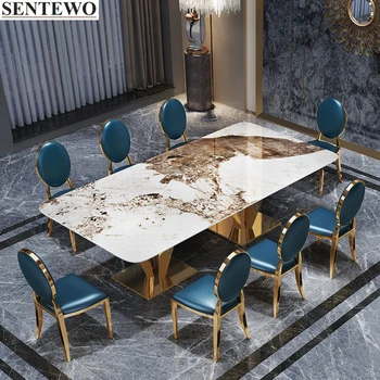 Роскошный кухонный обеденный стол из каменной плиты и 8 стульев с золотой основой из нержавеющей стали, стол из искусственного мрамора, Мебель Mesa Escritorio