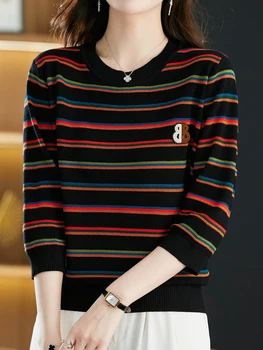 Топы-свитера в полоску, весенняя корейская модная женская одежда, пуловер с коротким рукавом, женские свитера Pull Femme