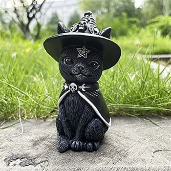 Украшения Черного кота, скульптура, Забавный кот-волшебник, украшение для сада, украшение для животных, Черный плащ, украшение для карликового кота, украшение для Хэллоуина