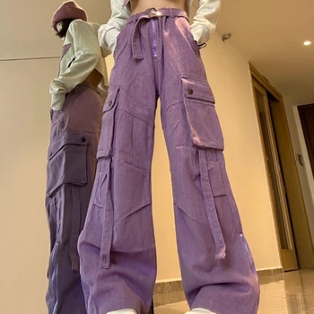 Фиолетовые модные дизайнерские джинсы-карго с несколькими карманами в стиле хип-хоп, уличная одежда, женские прямые свободные широкие джинсы с высокой талией