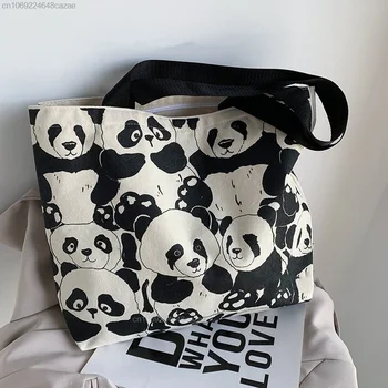 Холщовая сумка с принтом Кавайной панды Y2k Эстетичная женская сумка через плечо большой емкости, прочные Универсальные сумки, модная сумка-тоут