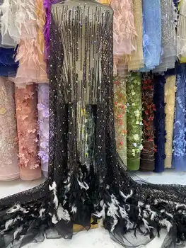 Черные Африканские камни Перо 3D Кружевная ткань Вышивка 2023 Высококачественное Нигерийское 3D Тюлевое кружево для Свадебной вечеринки Длинное платье
