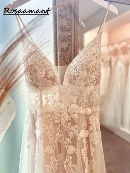 Элегантное свадебное платье в стиле бохо для женщин 2023, кружевные аппликации, V-образный вырез, спинка с пуговицами на поясе, Vestidos De Novia