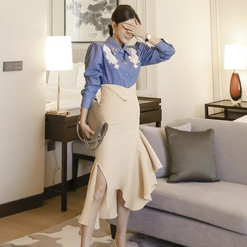 2023, Весенне-летний модный милый комплект из двух предметов, женская Корейская джинсовая рубашка с бисером, топ + юбка-русалка с рюшами, костюмы