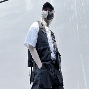 2023 весна Корейский стиль Уникальный дизайн карманов грузовой жилет мужской повседневный свободный черный жилет для мужчин, размер M-XXL