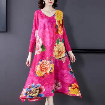 2023 Весна/Лето Новое модное высококачественное Плиссированное Свободное Элегантное платье с принтом легкой средней длины для женщин