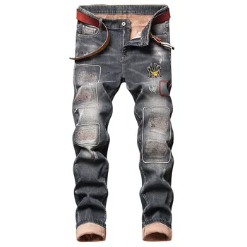 2023 Зимние Теплые джинсы для мужчин Плюс бархатная уличная одежда в стиле хип-хоп, рваные Мотобайковые прямые Модные брюки с дырками