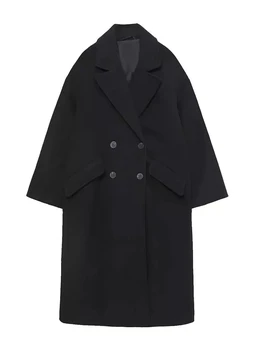 2023 Новые женские осенне-зимние длинные пальто из толстой шерсти, винтажные куртки с V-образным вырезом и карманами с длинным рукавом, Модные Элегантные женские пальто