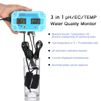 3 в 1 Измеритель pH/EC/TEMP Детектор Воды Многопараметрический Цифровой ЖК-Трехметровый Многофункциональный Многопараметрический Монитор Качества воды